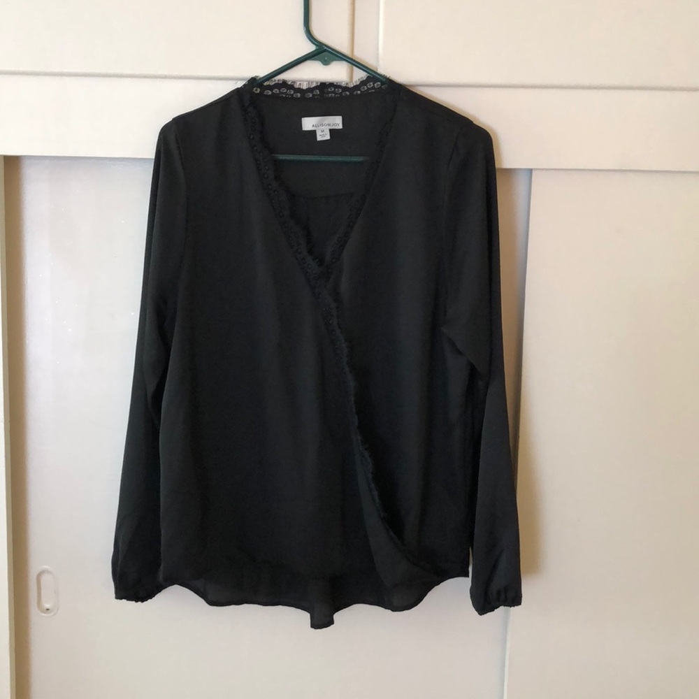 Black, cross front blouse with lace detailing